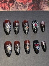 Black Red Silver Spiders Webs Red Gemstones Press On Nails Halloween Decorated