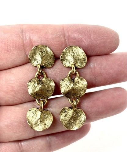 Vintage Designer CELIA LANDMAN Gold Tone Leaf Dangle Post Earrings SIGNED