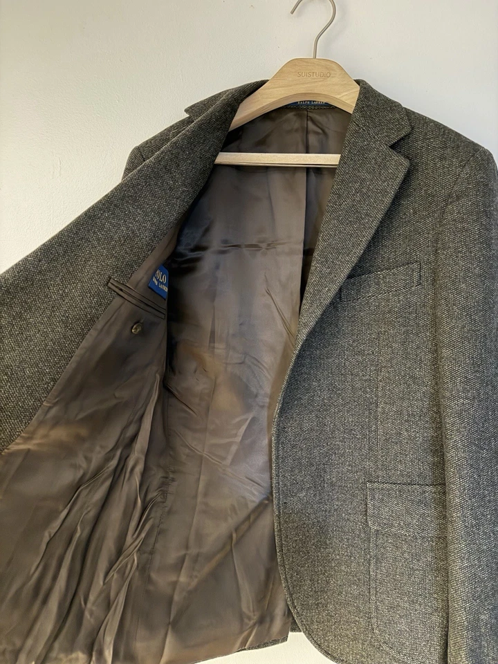 Abrigo deportivo Polo Ralph Lauren mezcla de lana tweed para hombre 38R marrón espiga Blazer Foto 3 de 4