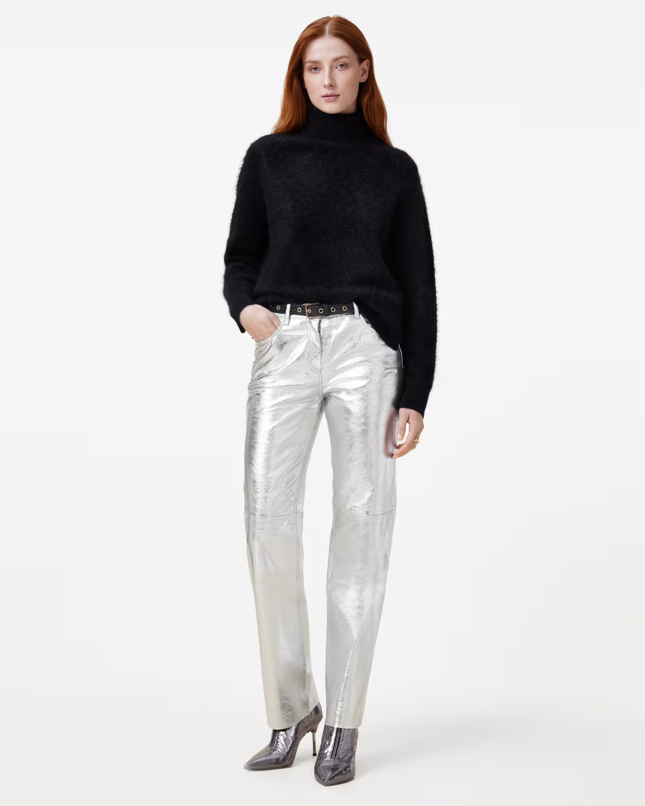 All Saints Saige Foil Metallic Leather Trousers - Silver - RRP £395 image 2