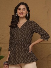 Indian Women Brown Pure Cotton Floral Printed A-Line Top Tunic Kurta Kurti Dress