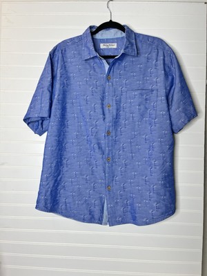 Tommy Bahama Shirt Mens L Blue Island Zone Mojito Bay Palm Row Coolmax Jacquard