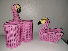 Ciroa Summer Pink Wicker Tropical Flamingo Utensil Caddy Basket & Napkin Holder