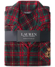 2 Piece NWT RALPH LAUREN Flannel Green Red Plaid Notched-Collar Pajama Set Sz L