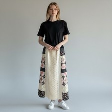 Vintage Fall Prairie Patchwork Floral Eyelet Lace Maxi Skirt Boho Cottage Core