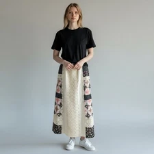 Vintage Fall Prairie Patchwork Floral Eyelet Lace Maxi Skirt Boho Cottage Core