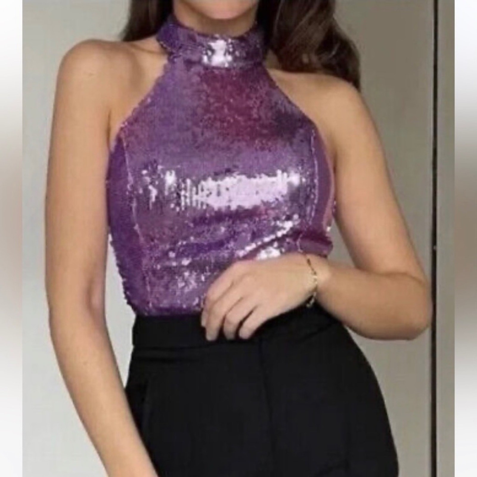 Zara Lilac Purple Sequin Halter Top Size Small