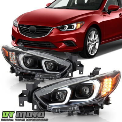2014-2017 Mazda 6 Halogen Black LED Tube & Signal Projector Headlights Headlamps