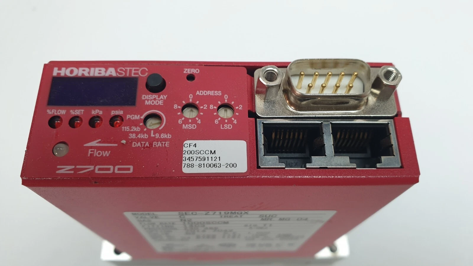 Top panel of the SEC-Z719MGX: display, address switches, D-sub, two RJ-45 jacks, CF4 200 SCCM Lam tag