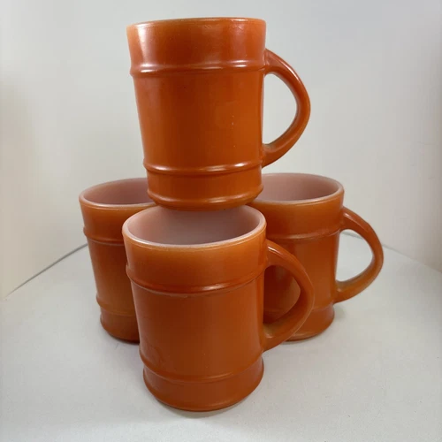 Vintage Fire King Anchor Hocking Milk Glass Orange Coffee Cup Mugs Set Of 4