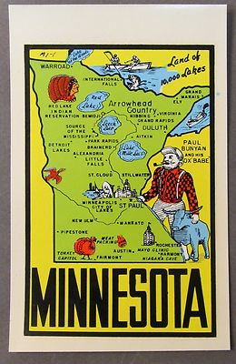 early Lindgren MINNESOTA MAP water slide travel decal luggage car rat rod! MIP