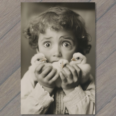 POSTCARD Scared Child Holding Easter Chicks Distressed Retro Style Funny Girl
