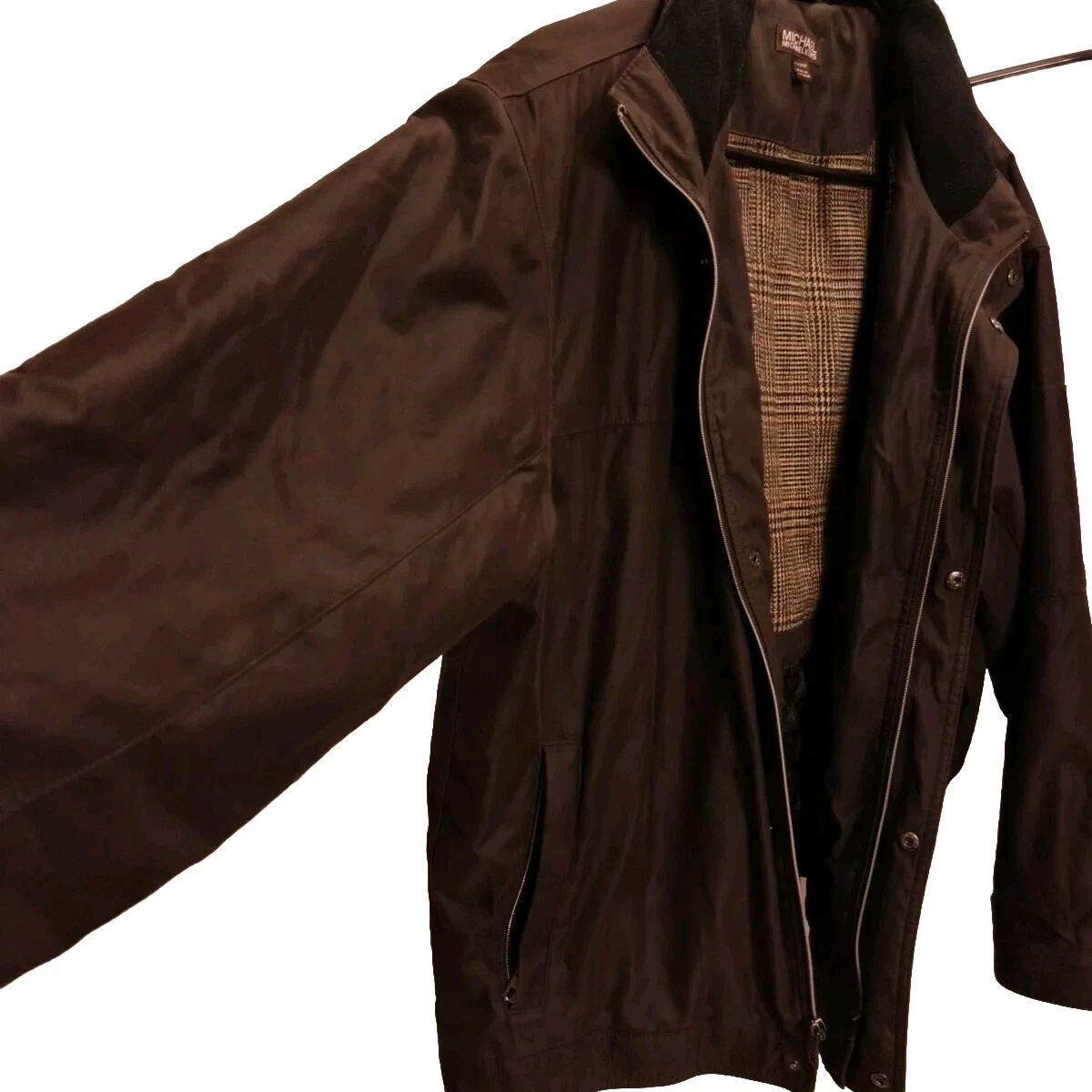 Giacca uomo autentica Michael Kors marrone scuro con cappuccio cerata XL cerniera rotta