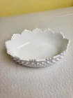 Vintage Fenton Milk Glass Oval Hobnail Crown Edge Scalloped Bowl Candy Dish
