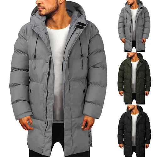 Herren langer gefütterter Mantel Kapuze dicke Luftpolsterjacke gesteppt wattiert - Bild 14 von 39
