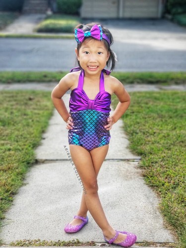 Mermaid Swimsuit Girls One Piece or Two Piece Little Halloween Costume FREE Bow - Picture 5 of 19