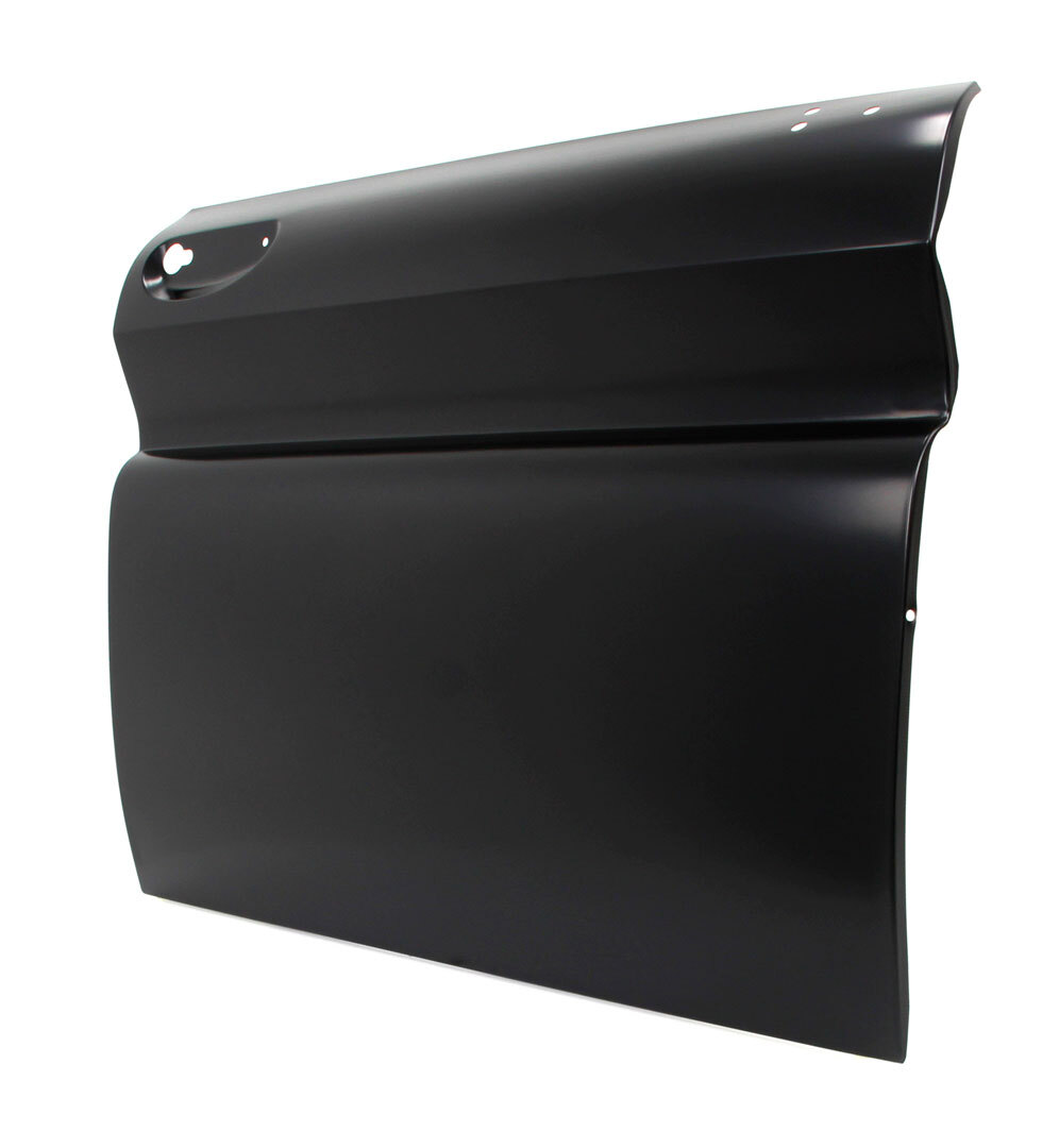 Black metal front door skin RH 64-66 Chevy GMC C/K truck with built-in door handle and mounting hole.