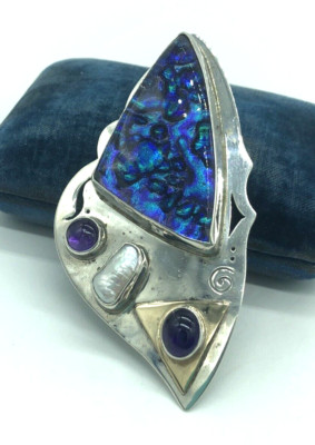 David Lee & Sassi LaMuth Dichroic Glass Amethyst Pearl Sterling 14k Gold Pendant