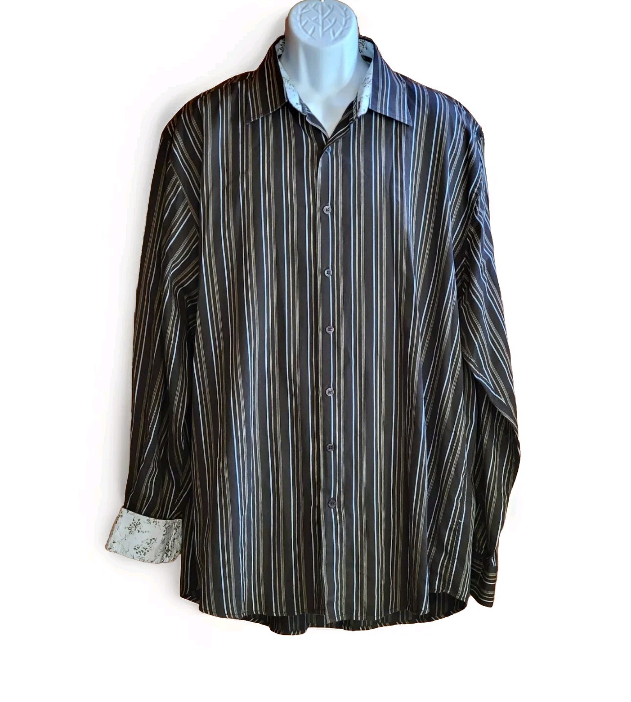 Blue by Pronto Uomo ButtonUp Long Sleeve Shirt Men's 2XL Brown Striped Flip Cuff