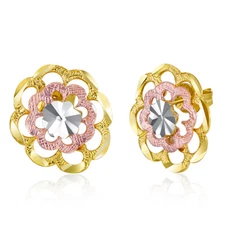 Wellingsale 14k Tri Color Gold Diamond Cut Flower Stud Earrings (12 x 12mm)