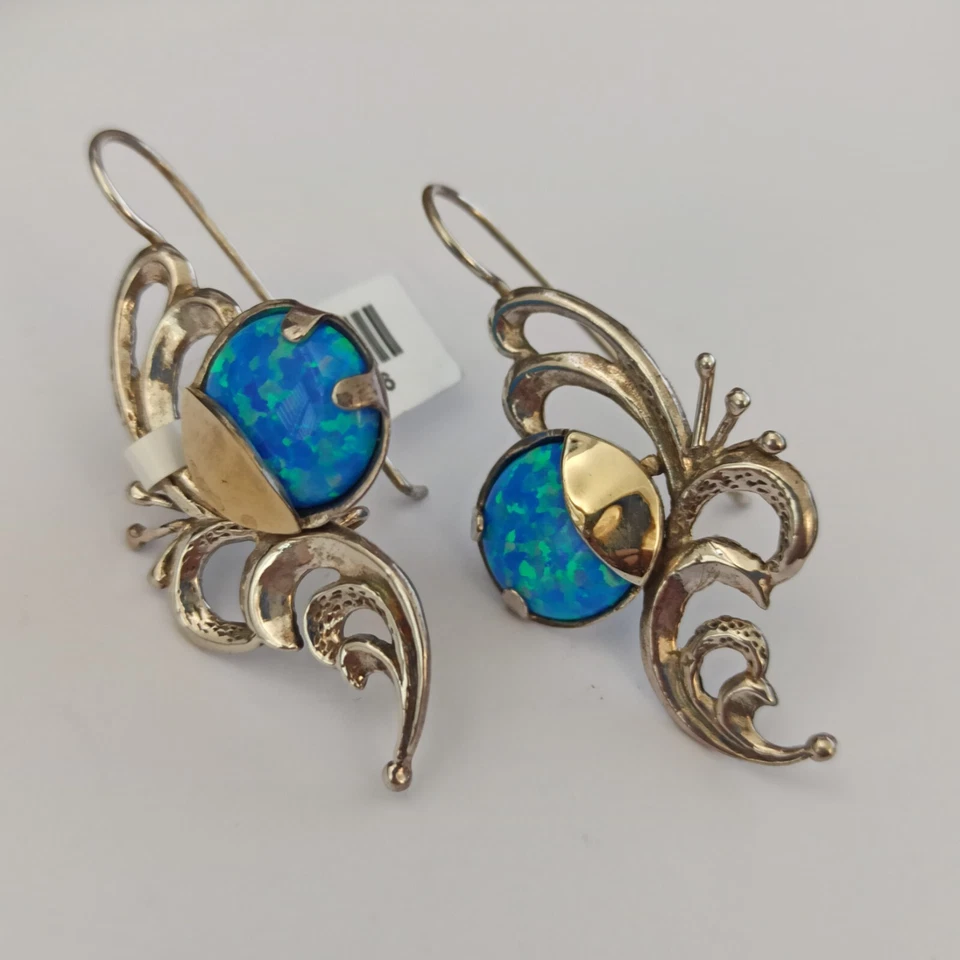 Pendientes Plata Oro Ópalo Art Nouveau Renacimiento Remolinos Largo Declaración Azul Regalo Foto 3 de 4