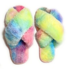 Women s Fuzzy Slippers Faux Fur Luxe Plush Cross Band Slippers Rainbow