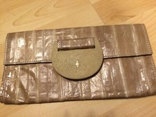 R & Y Augousti Tan Cream Eel Skin Shagreen Clutch Purse
