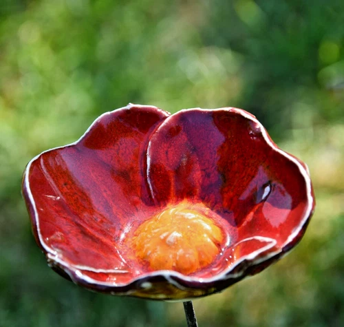 Ceramic Garden Decor - Red Flower Lawn stake - Outdoor statue H 45cm