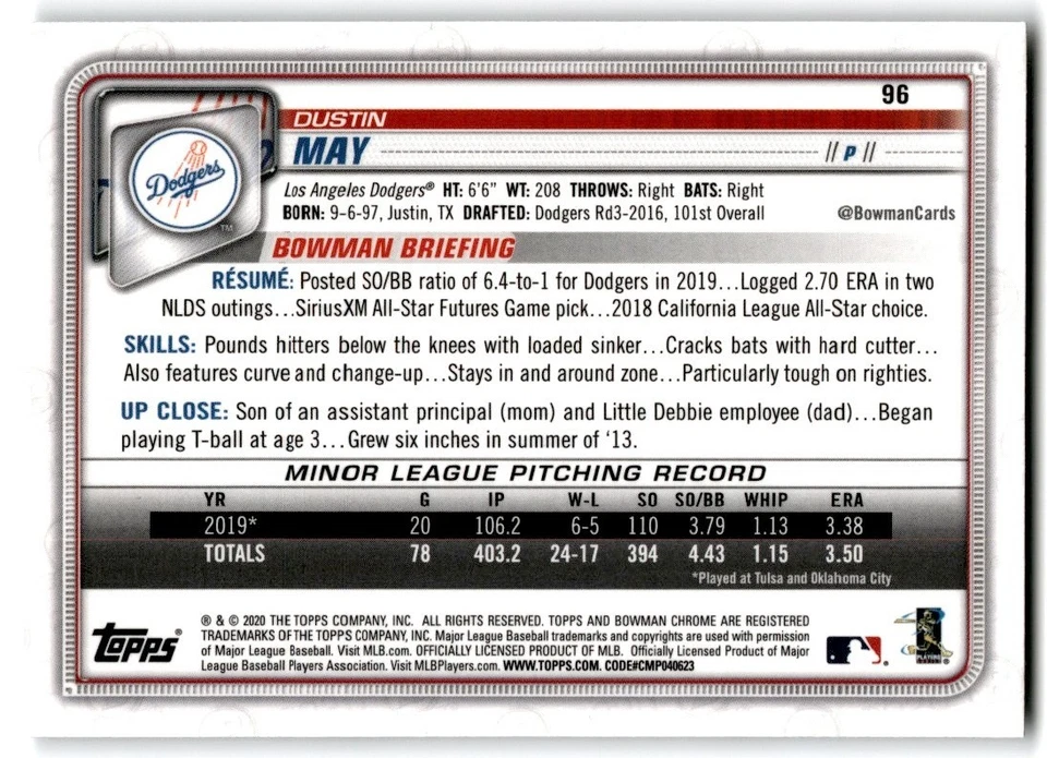 2020 Bowman Chrome Dustin May Rookie Los Angeles Dodgers #96 - Image 2 of 2