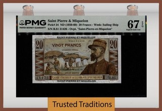 TT PK 24 ND (1950 60) SAINT PIERRE & MIQUELON 20 FRANCS PMG 67 EPQ SUPERB GEM