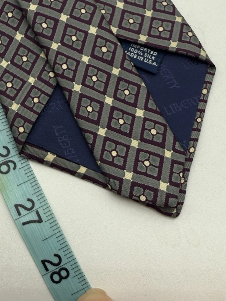 Liberty of London Silk Tie Slate Gray Green Burgundy Geometric Diamond Pattern - Image 4 of 4