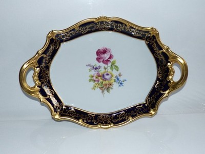 Vintage Porzellan Tablett / Servierplatte Weimar Blumen Kobalt Golddekor, 36 cm