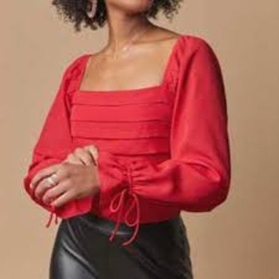 Audrey Parks x Francesca s Medium Square Neck Crop Top Blouse Red Tie Sleeves