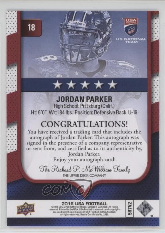 2016 Upper Deck USA Football USA U19 Auto Jordan Parker #18 Auto - Image 2 of 2
