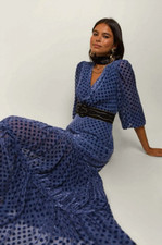 NEW Rixo Elsie Polka-Dot Flocked Chiffon Midi  Silk Dress Size  XS XL