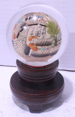 Qingming Festival River Map Reverse Hand Painted Glass Ball W Stand Paperweight