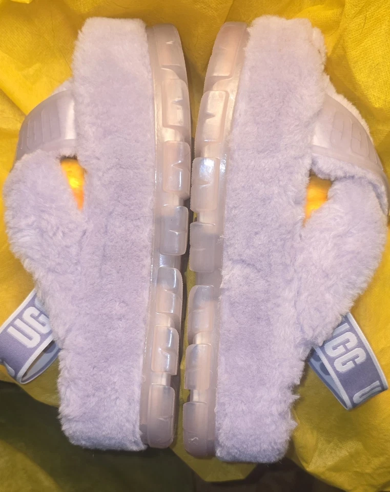 UGG FUZZITA SANDALIAS PLATAFORMA DESLIZABLES COLOR RARO LILA TRANSPARENTE PELUSA EE. UU. 8 NUEVAS SIN CAJA Foto 4 de 4