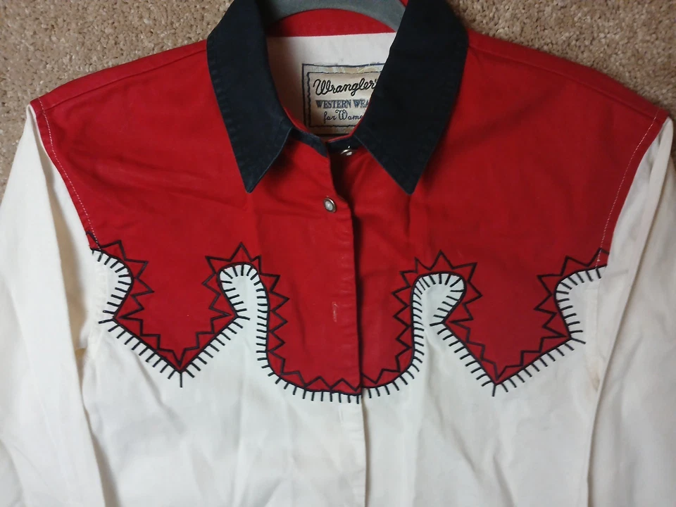 Camisa Wrangler Vintage Bordada Talla Grande Para Mujer’s Botón Rojo Vaquera Occidental Foto 3 de 4