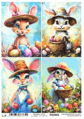 Reispapier A4 Strohseide Decoupage Oster lustige Hasen Comic Hut Kinder RE6865