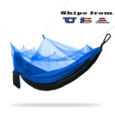 Double Outdoor Parachute Nylon Hammock with Mosquito Net Blue - Large