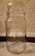 Vtg 1981 Planters Peanuts 75th Anniversary Jar Embossed w/ Lid 8" W/ Miss Print 