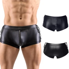 Patent Leather Men Lace Up Underwear Briefs Hollow Out Shorts Sexy Zip Boxer