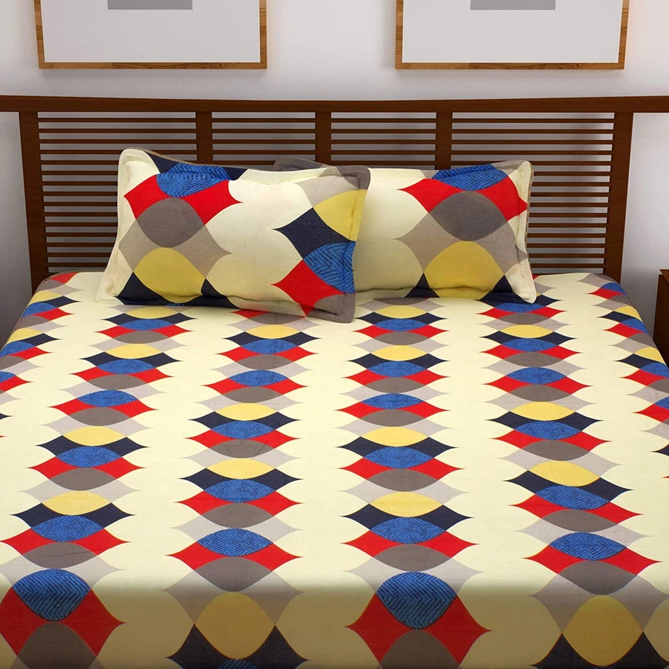 Sábana bajera doble estampada de algodón Jaipuri con 2 fundas de almohada tamaño queen, multi Foto 2 de 4