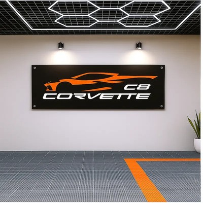Corvette C8 Flag Banner Garage Wall Decors Gift 71x24 in