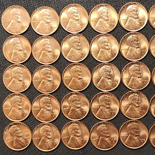 1955 D Wheat Cent Roll, Unc Red BU Lincoln Cent Roll, 50 Pennies, Full Roll, Z9b