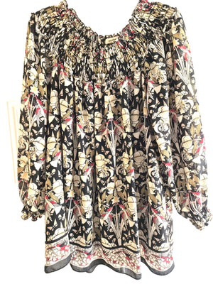 MAX STUDIO Blouse - L - Smocked Neck w/Gathering, 3/4 Slvs w/Smocked Open, Lined