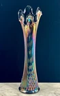 Fenton Amethyst Carnival Glass 6 Finger Diamond Point Ribbed 15 3/4” Swung Vase