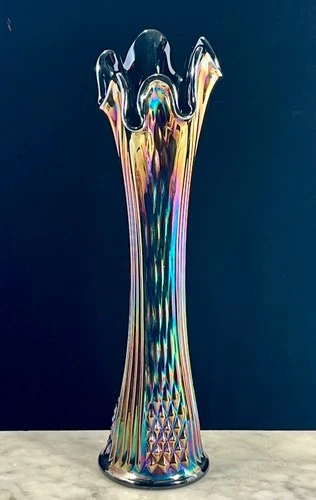 Fenton Amethyst Carnival Glass 6 Finger Diamond Point Ribbed 15 3/4” Swung Vase