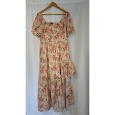 Scarlet Darkness Floral Cottage Boho High Low Maxi Dress XL Puff Sleeve Peach