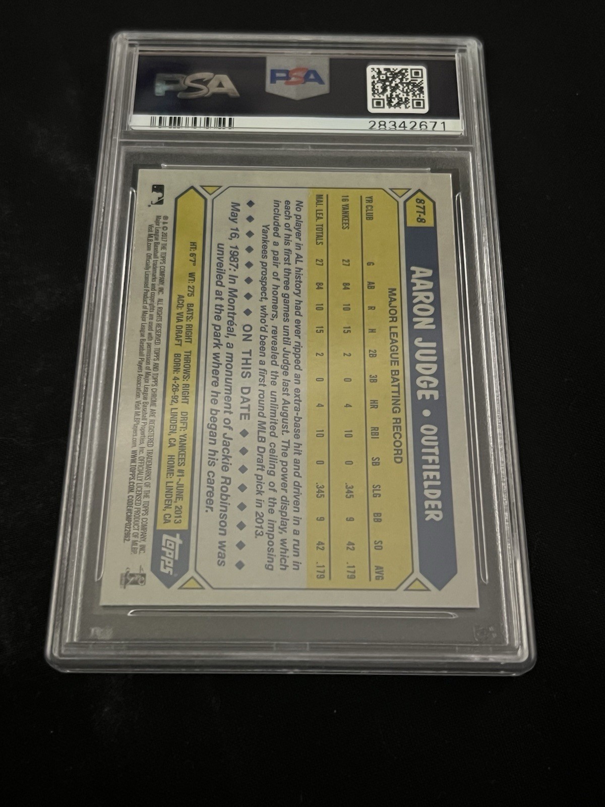 Topps Chrome 2017 Aaron Judge Rookie PSA 9 1987 Topps Insert #87T-8 view 2